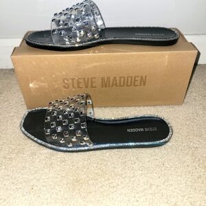 STEVE MADDEN JYNN BLACK CLEAR STUDDED RHINESTONE SANDALS FLATS SHOES Size 9